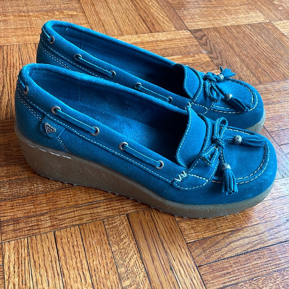 Roxy Women’s Suede Loafer Wedge Shoes - Teal leather upper - Size 7
